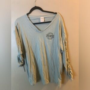 PINK grey/blue long sleeve tie sleeves top L